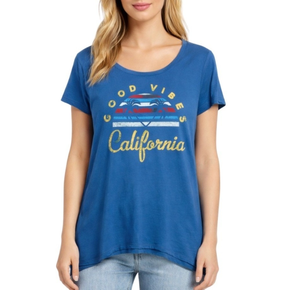Alya Blue Good‎ Vibes California Graphic Scoop Neck T-Shirt Side Slits Small